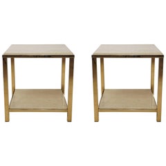 Pair of Gold-Plated Side Table with Travertine Shelf, 23-Carat by Belgo Chrome