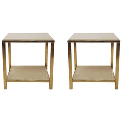 Retro Pair of Gold-Plated Side Table with Travertine Shelf, 23-Carat by Belgo Chrome