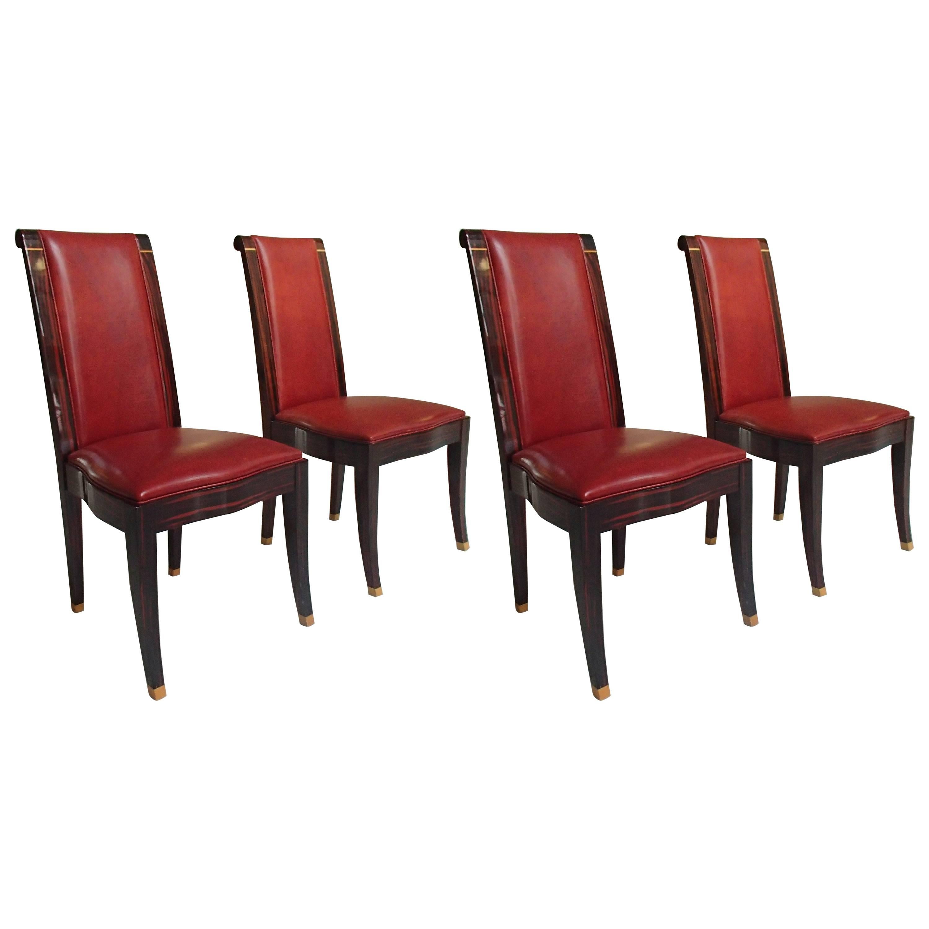 Four Art Deco Dinning Chairs Ebene de Macassar and Red Leather