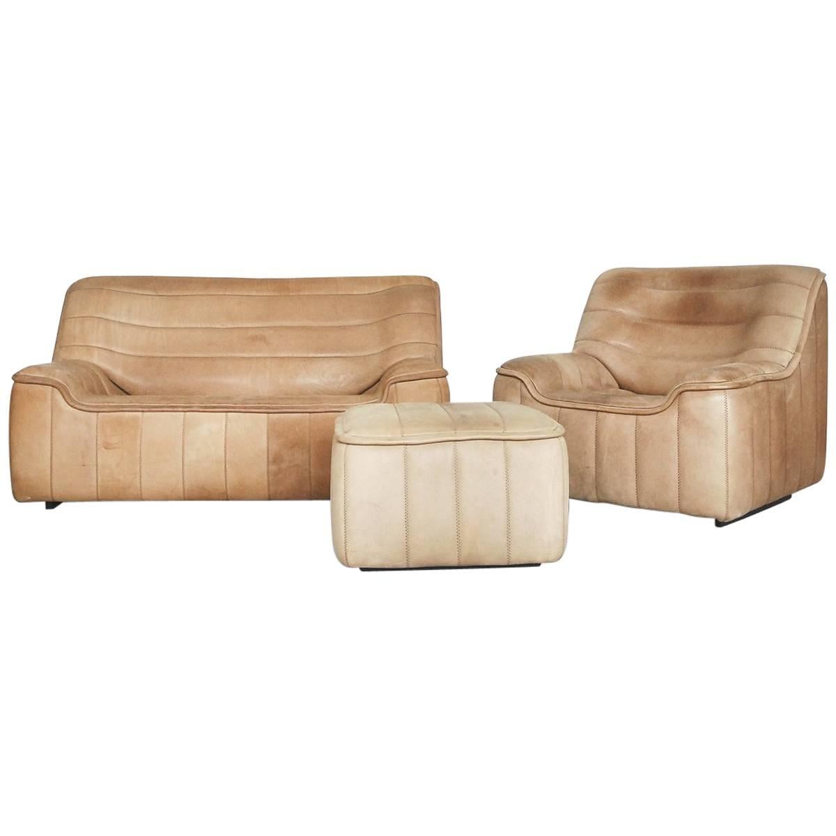 Swiss De Sede DS-84 Leather Living Room Set, Sofa, Armchair and Ottoman, 1970s