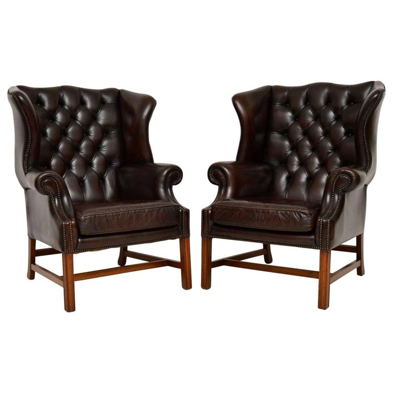 Pair of Antique Leather Wing Back Armchairs For Sale at 1stdibs