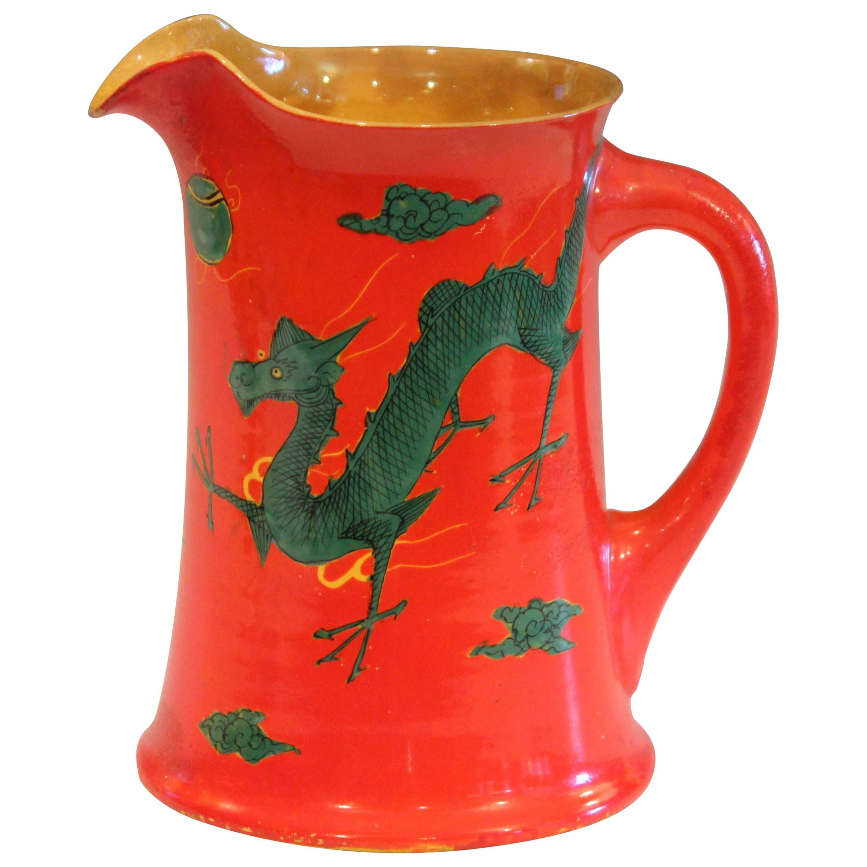 Antique Awaji Pottery Chrome Red Dragon Pitcher Vase Japanese Studio Signed For Sale