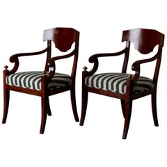 Antique Armchairs Pair of Swedish Mahogany Brown Gilded Details Green and White Seat