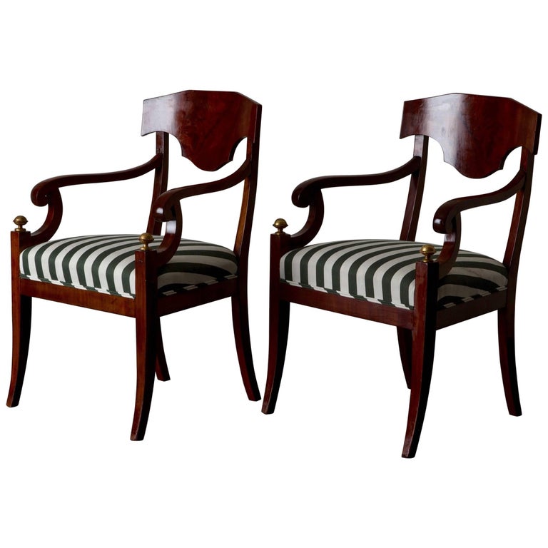 Armchairs Pair of Swedish Mahogany Brown Gilded Details Green and White Seat For Sale