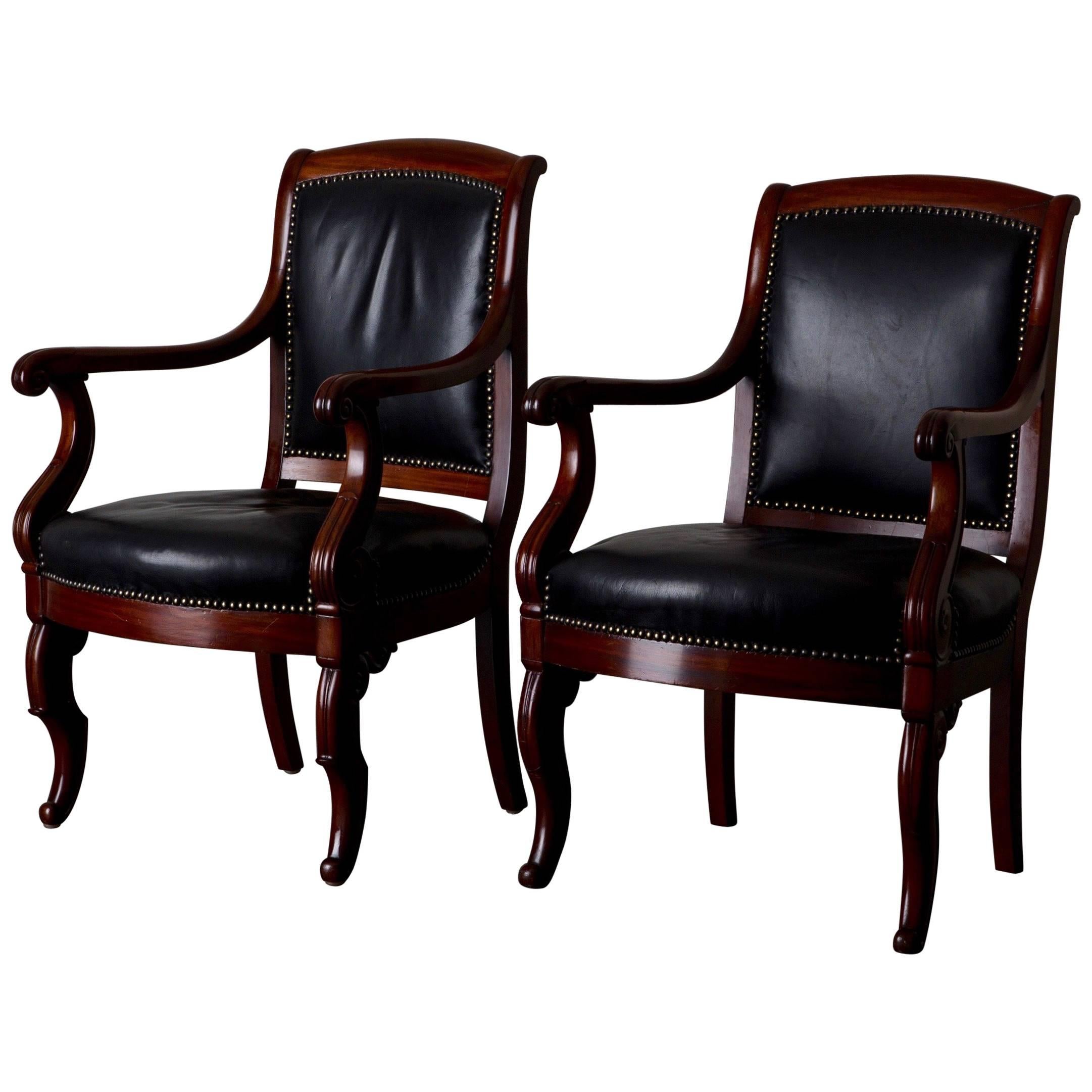 Armchairs French Empire Mahogany Brown Black Leather Upholstery France