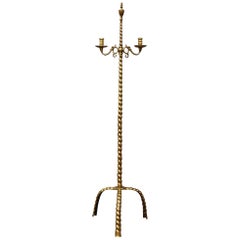 Antique 18th Century Floor Standing Turned Twist Candleholder on Tripod Base in Brass