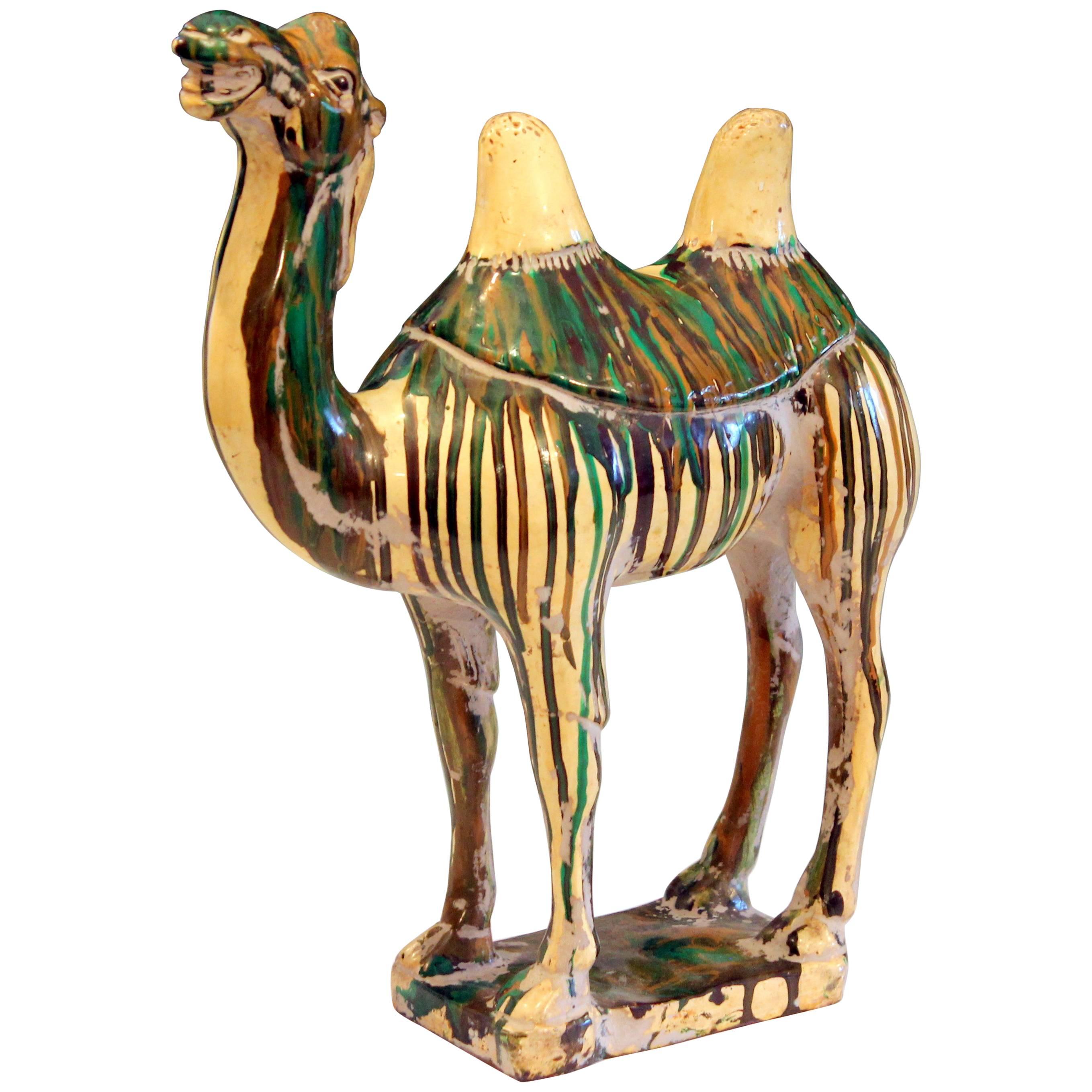 Vintage Tang Style Folk Art Pottery Two Hump Camel Figure Sculpture, 1960s For Sale