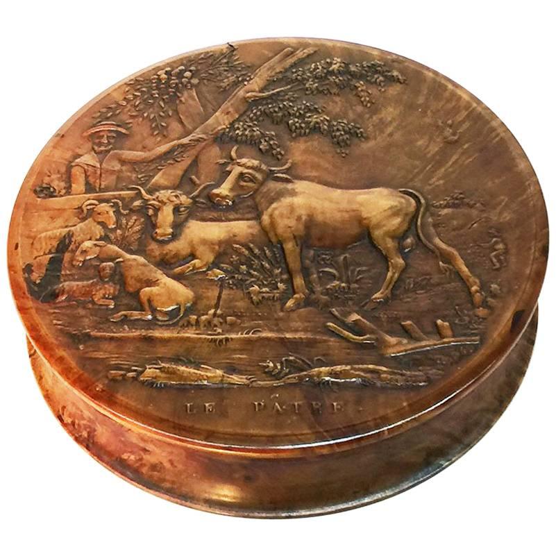 18th Century French Walnut Wooden Snuffbox, "Le Patre" For Sale