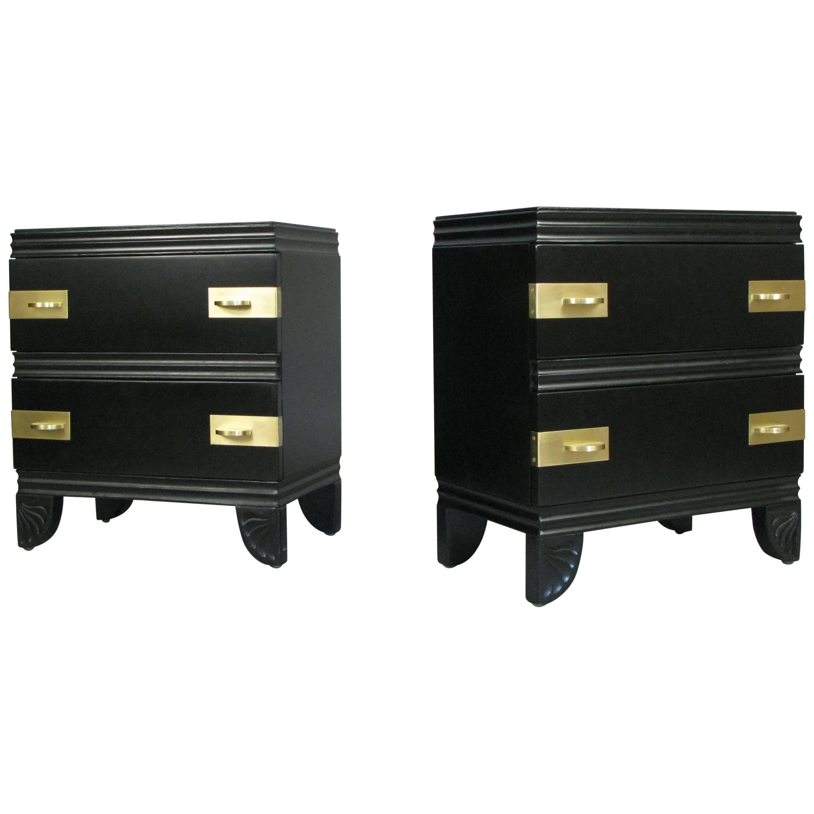 Pair of 1950s Lacquer and Brass Nightstands by John Stuart