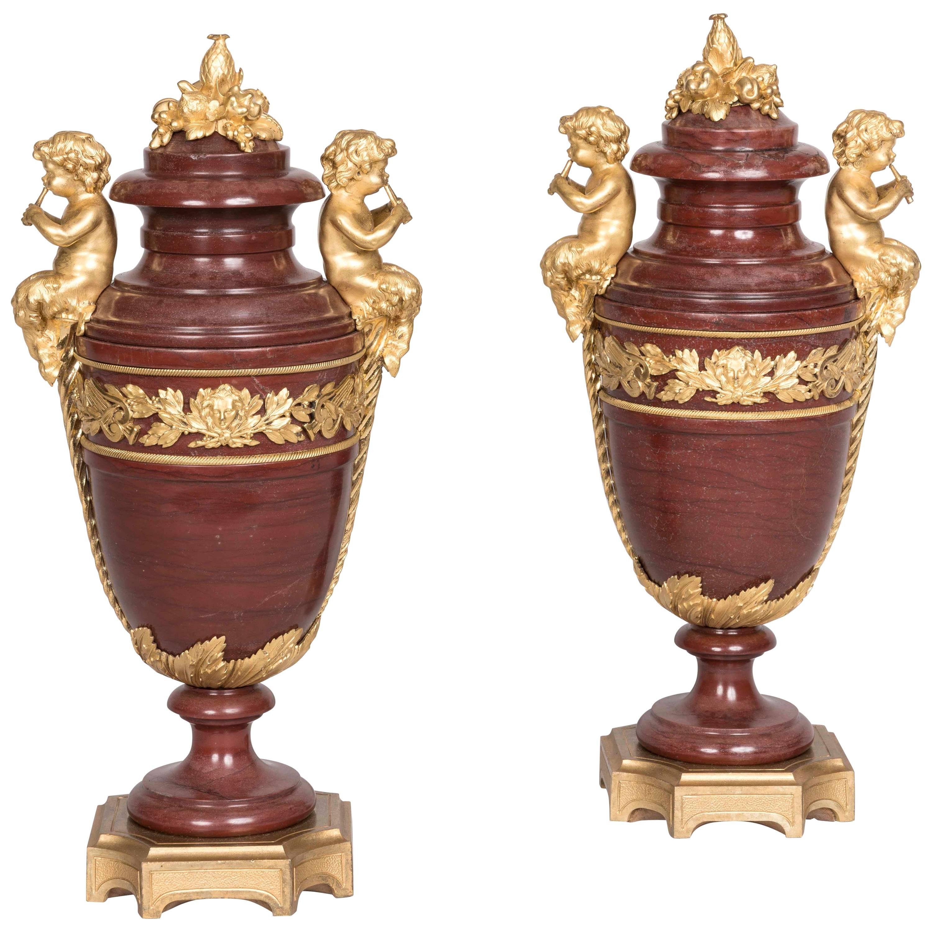 19th Century Pair of Louis XVI Marble and Ormolu Urns Attributed to Henry Dasson