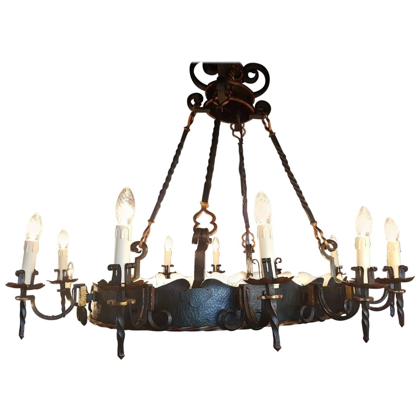 Large Oval Wrought Iron Castle Chandelier with 20 Lights For Sale