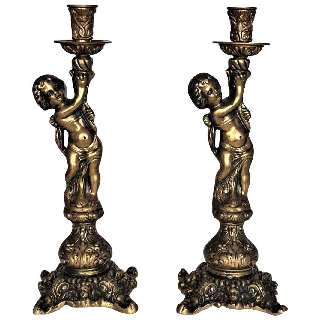 Pair of Bronze Figural Candlesticks, Putti Candleholders