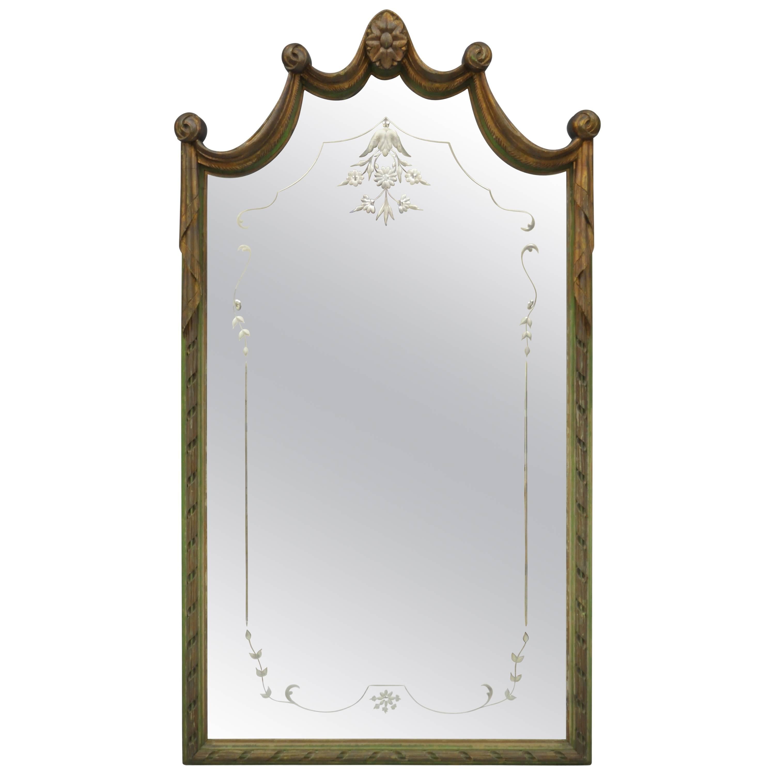 Louis XV Style Green and Gold Carved Drape Floral Etched Glass Wall Mirror