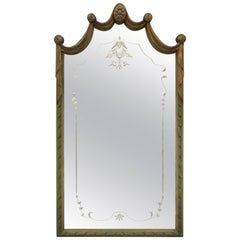 Louis XV Style Green and Gold Carved Drape Floral Etched Glass Wall Mirror