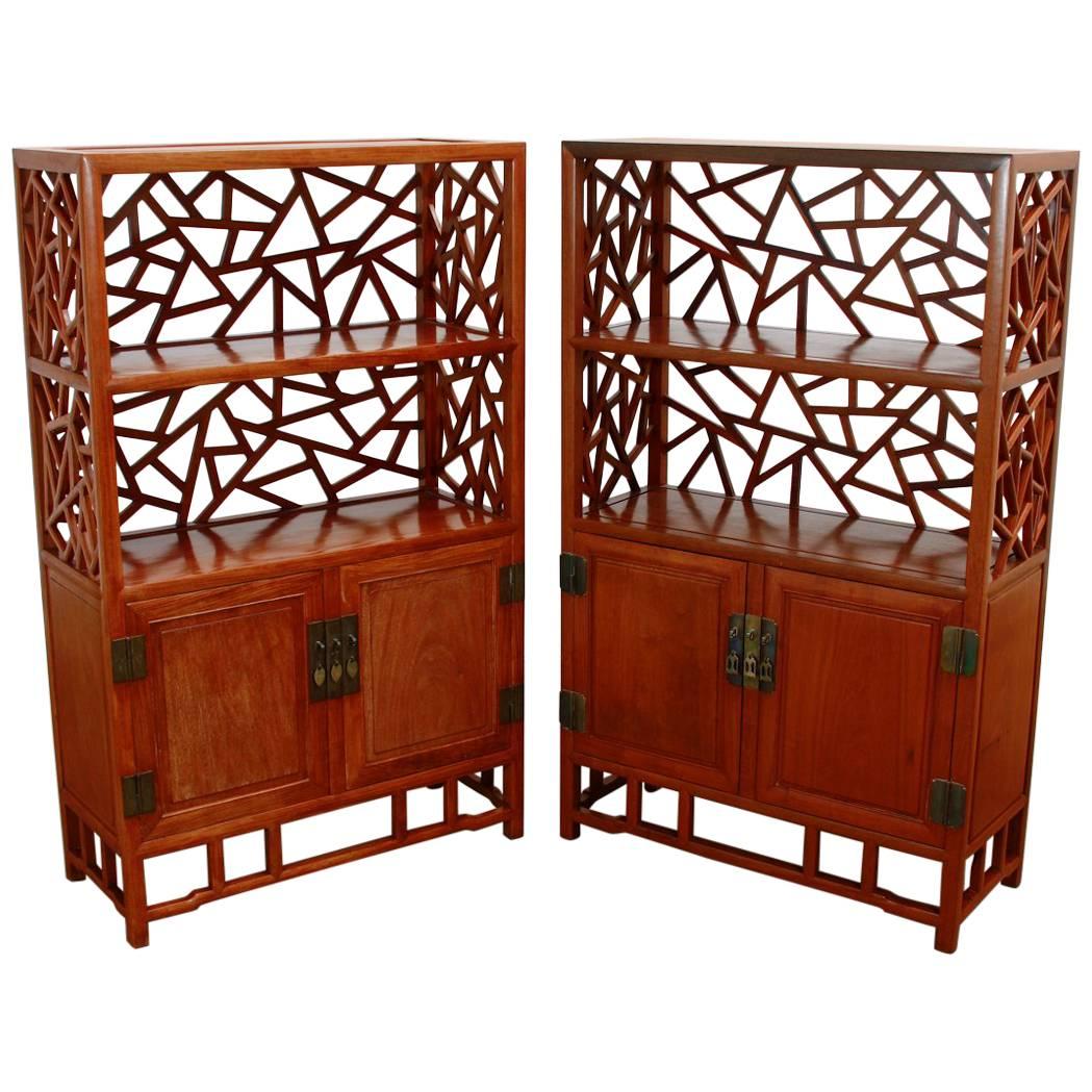 Pair of Chinese Carved Rosewood Display Cabinets or Bookcases