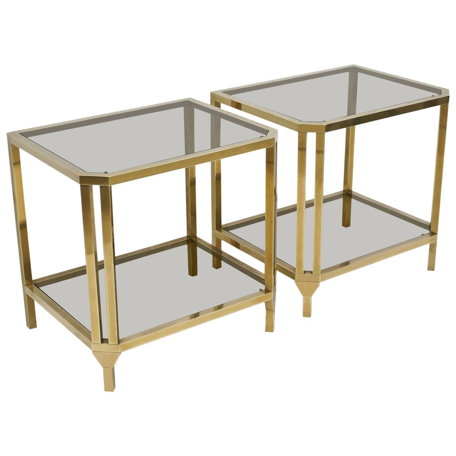 Pair of Hollywood Regency Style Brass and Smoked Glass Side Tables