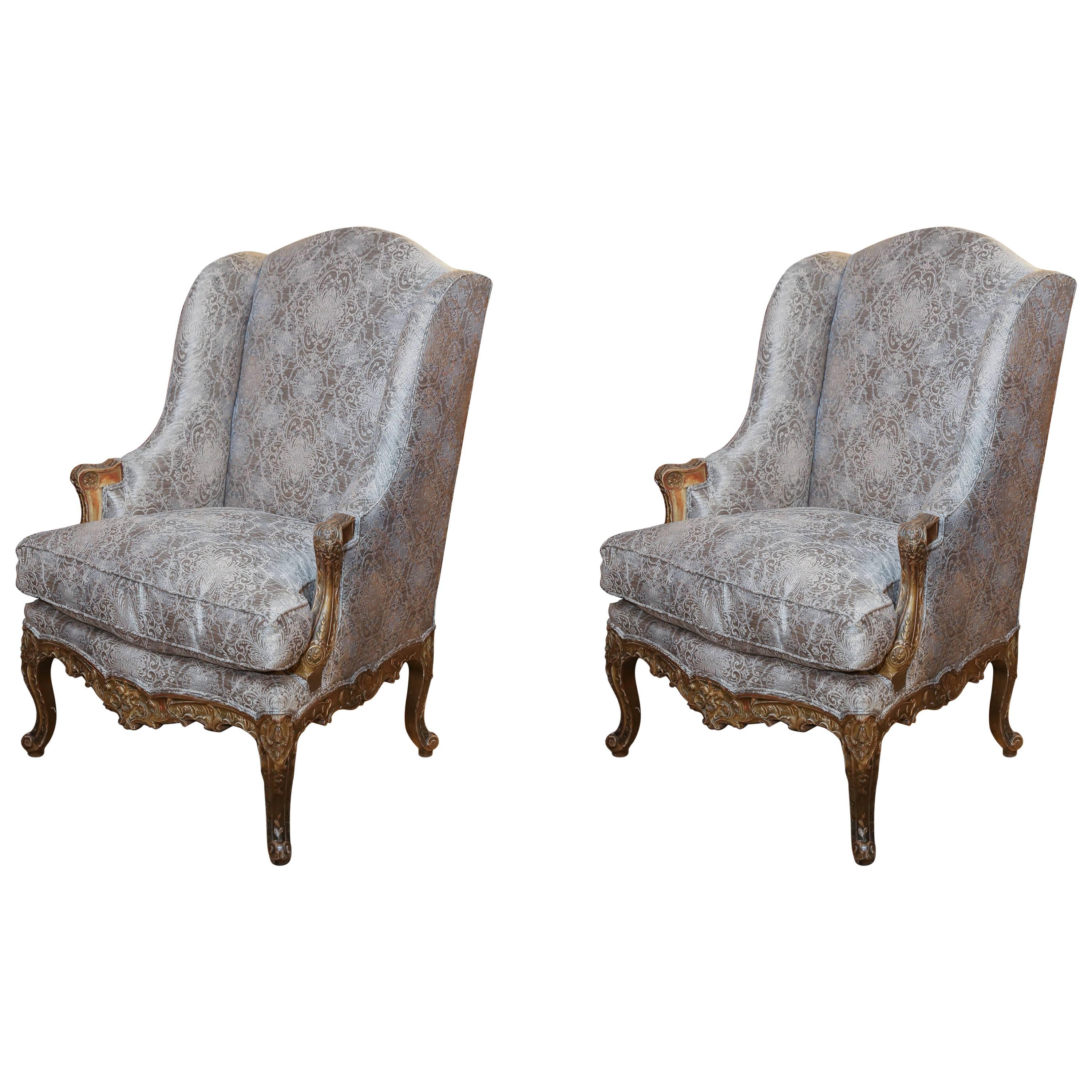 Pair of Tall Bergere French Chairs with Gilt and Carved Wood, Louis XV Style For Sale