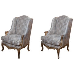 Antique Pair of Tall Bergere French Chairs with Gilt and Carved Wood, Louis XV Style