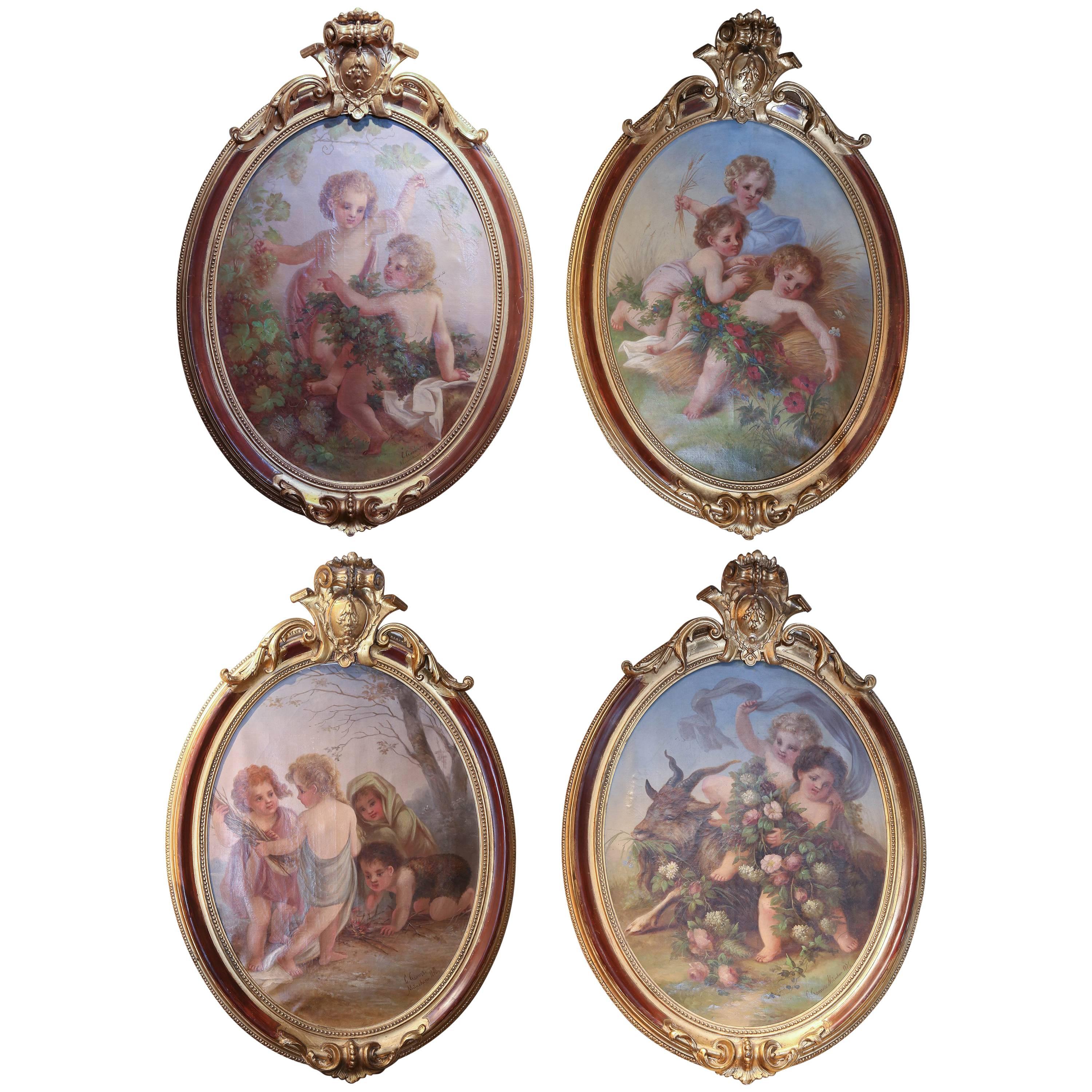 Suite of Four Oval oil Paintings Depicting Cherubs  “The Four Seasons” C. Cramer