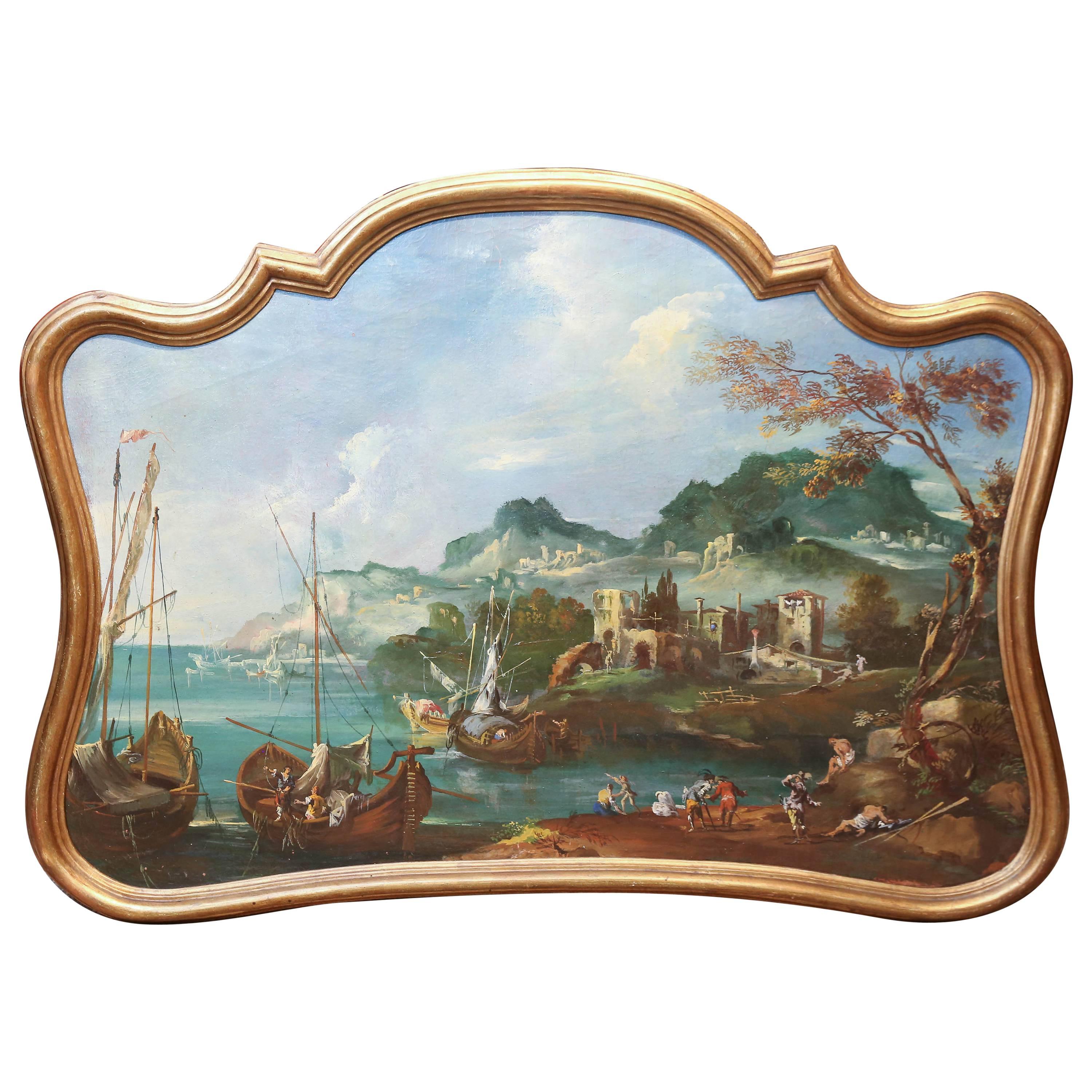 Italian 19th Century Trumeaux / Painting Depicting a Harbor Scene