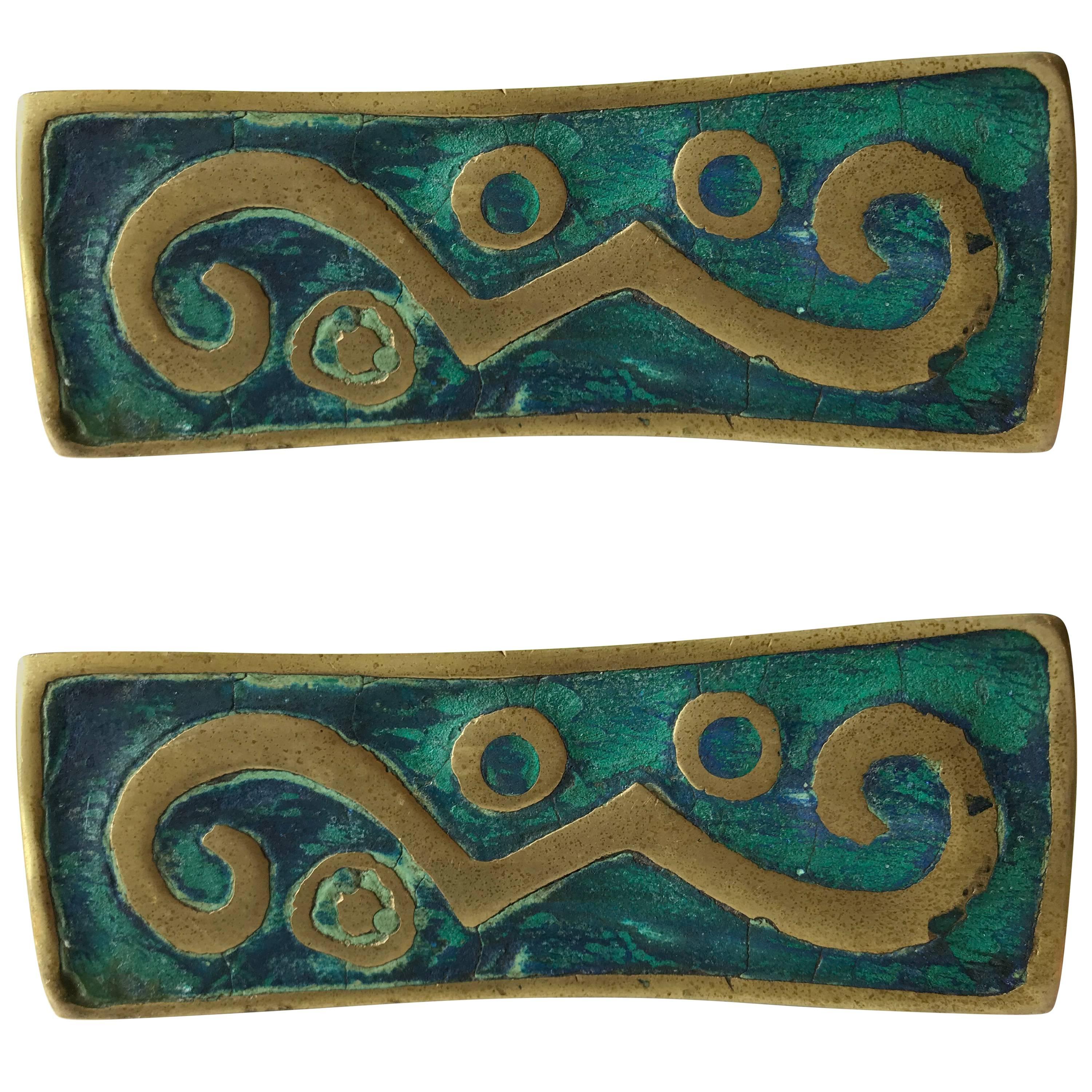 Pair of Modern Pepe Mendoza Rectangular Brass Turquoise Ceramic Drawer Handles