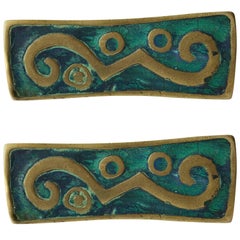 Vintage Pair of Modern Pepe Mendoza Rectangular Brass Turquoise Ceramic Drawer Handles