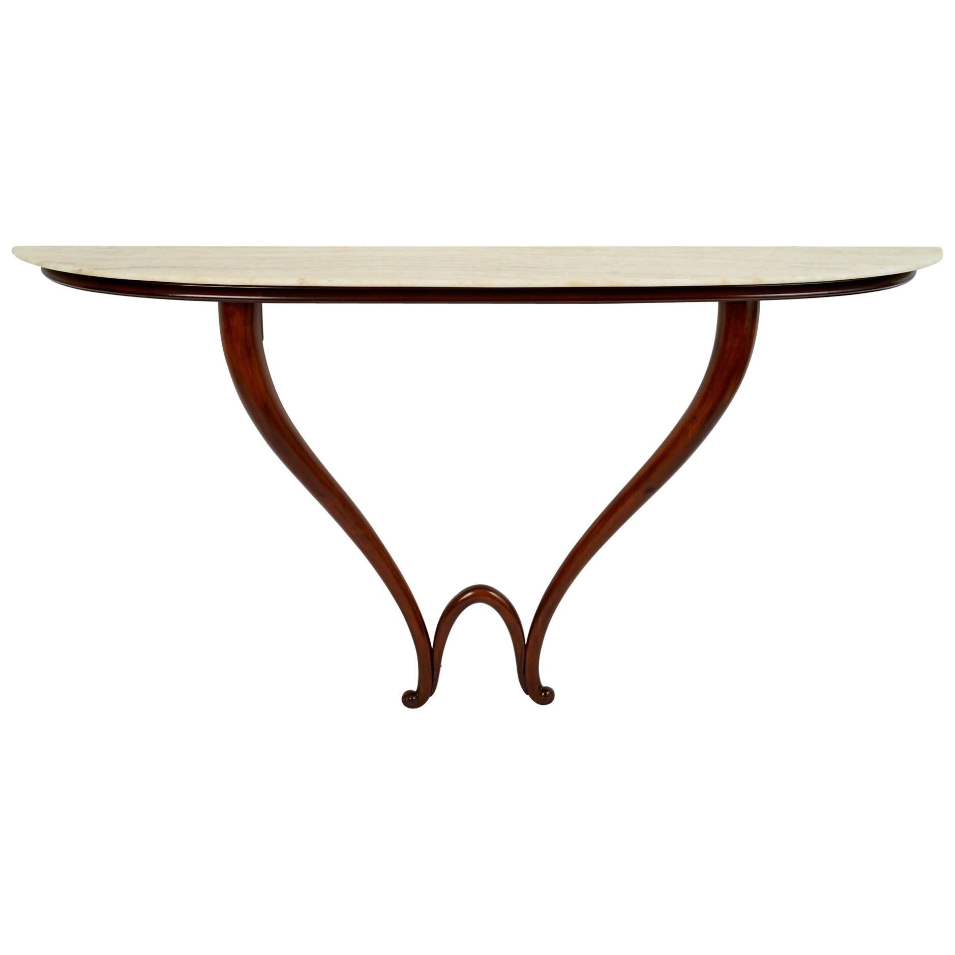 Sculptural White Marble and Curved Mahogany Console ITSO Gio Ponti, Italy 1950's