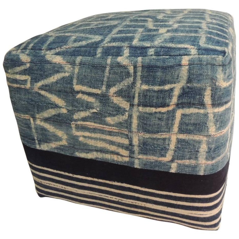 Large African Blue and Natural Vintage Ndop Textile Upholstered Ottoman