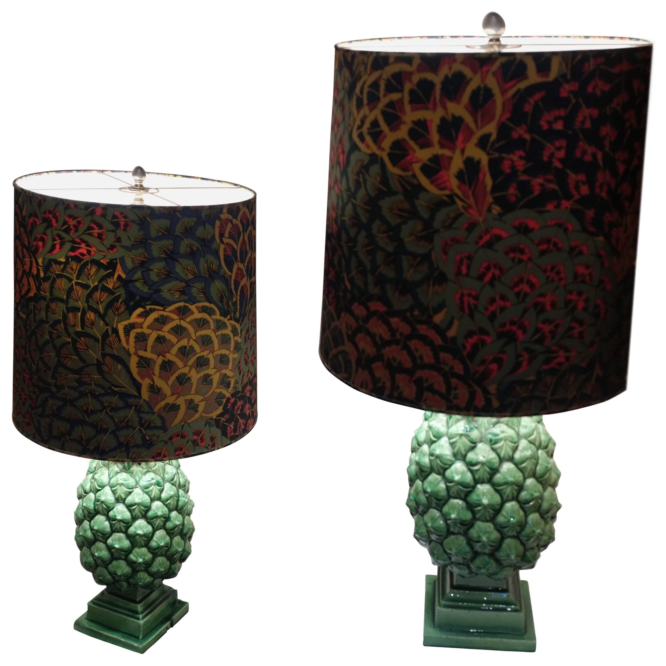 Pair of Two Green Ceramic Pineapple Table Lamps, circa 1970, 20th Century