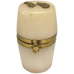 Antique Small 18th Century Alabaster Barrel Shaped Jewelry Box W/ Brass Hands Decor