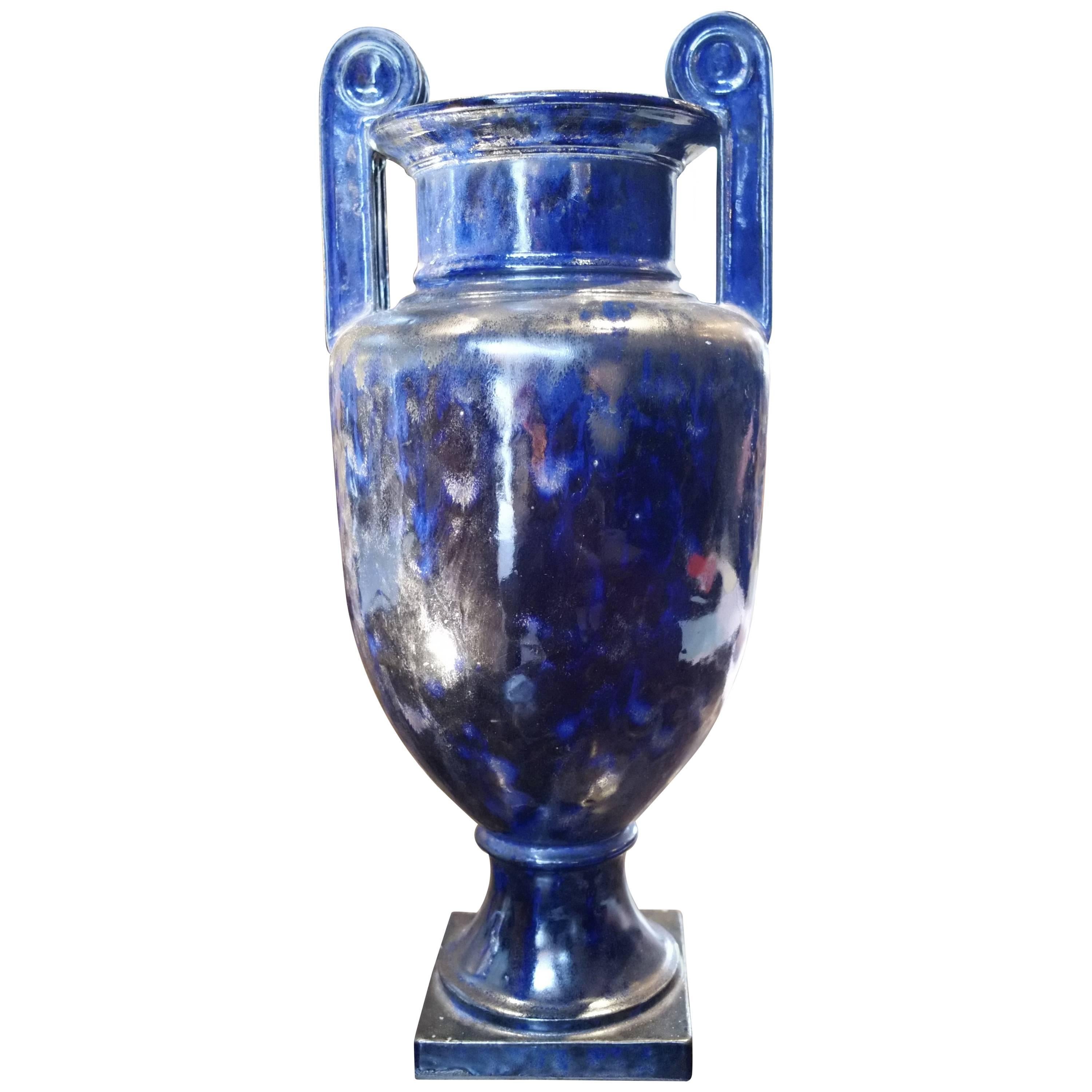 20th Century Ceramic Amphora Vase in the Style of the Antique, Black and Blue For Sale