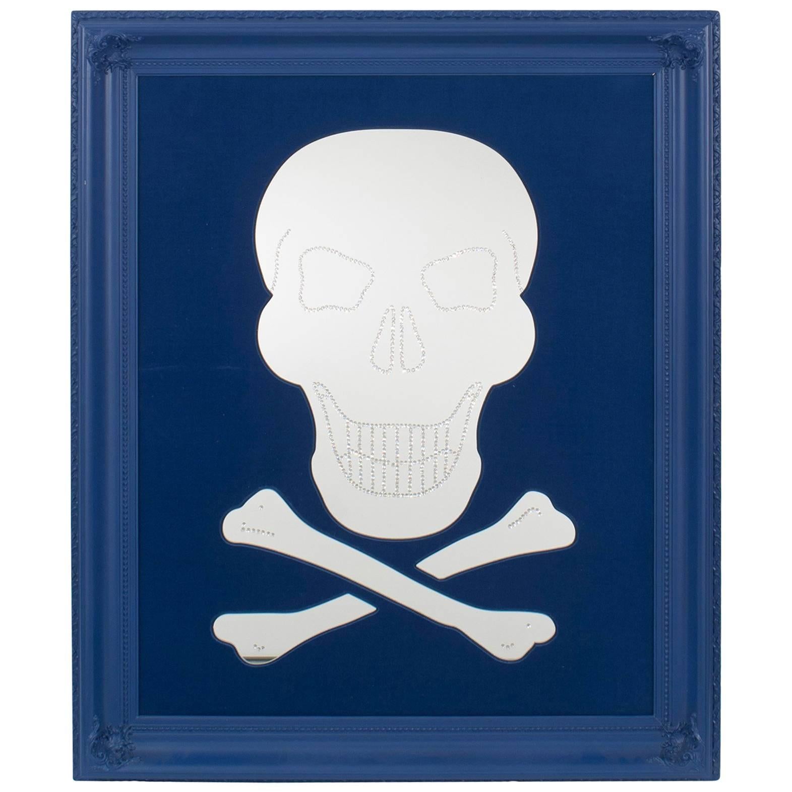 Geoffrey Bradfield Modern Blue Skull and Crossbones Mirror For Sale