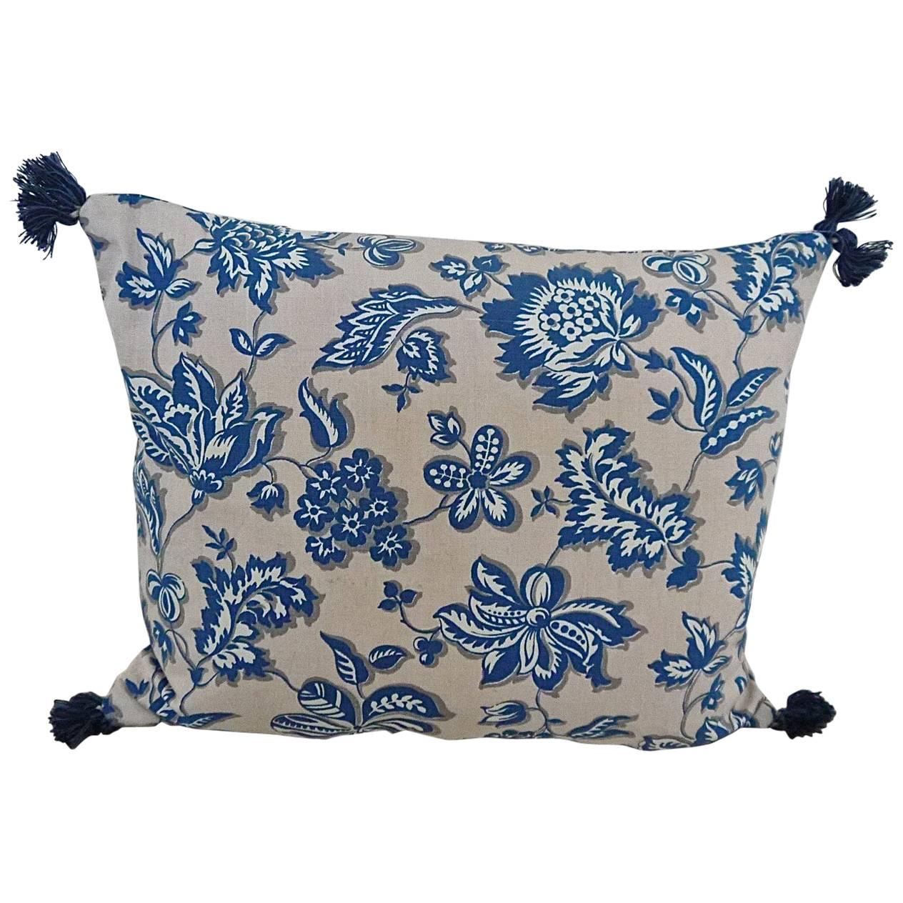 French Printed Cotton Blue and White Floral Pillow, circa 1930s For Sale