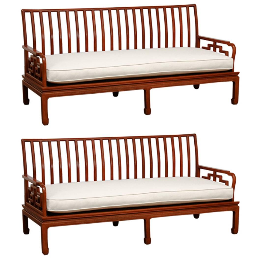 Pair of Chinese Rosewood Carved Sofas or Benches For Sale