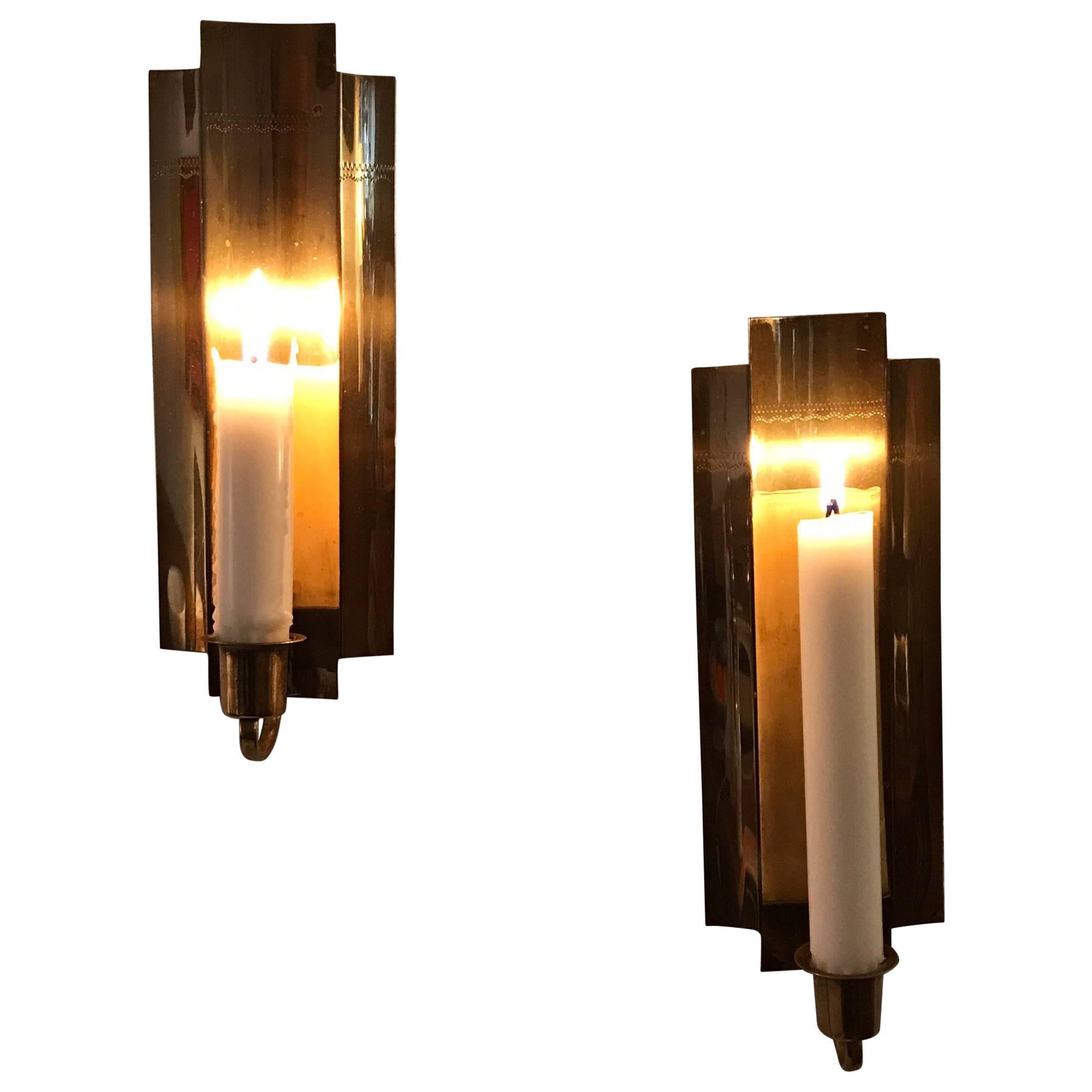 Pair of Swedish Brass Candle Wall Sconces, 1950 For Sale