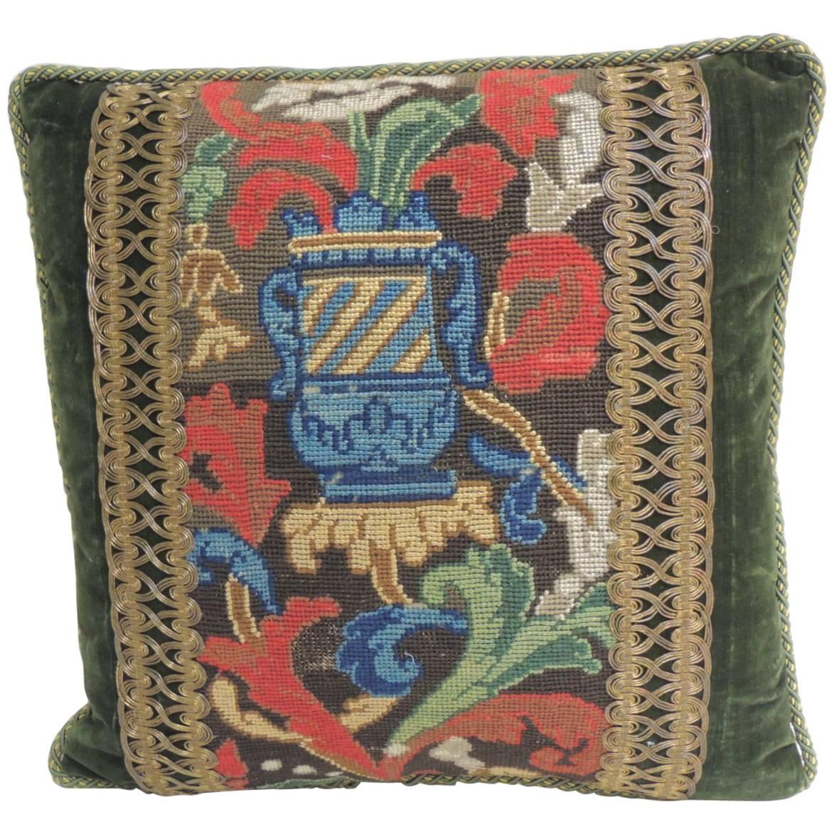  Antique Blue and Red Tapestry Decorative Pillow with Gold Metallic Trims For Sale
