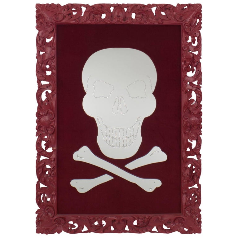 Geoffrey Bradfield Modern Maroon Filigree Frame Skull and Crossbones