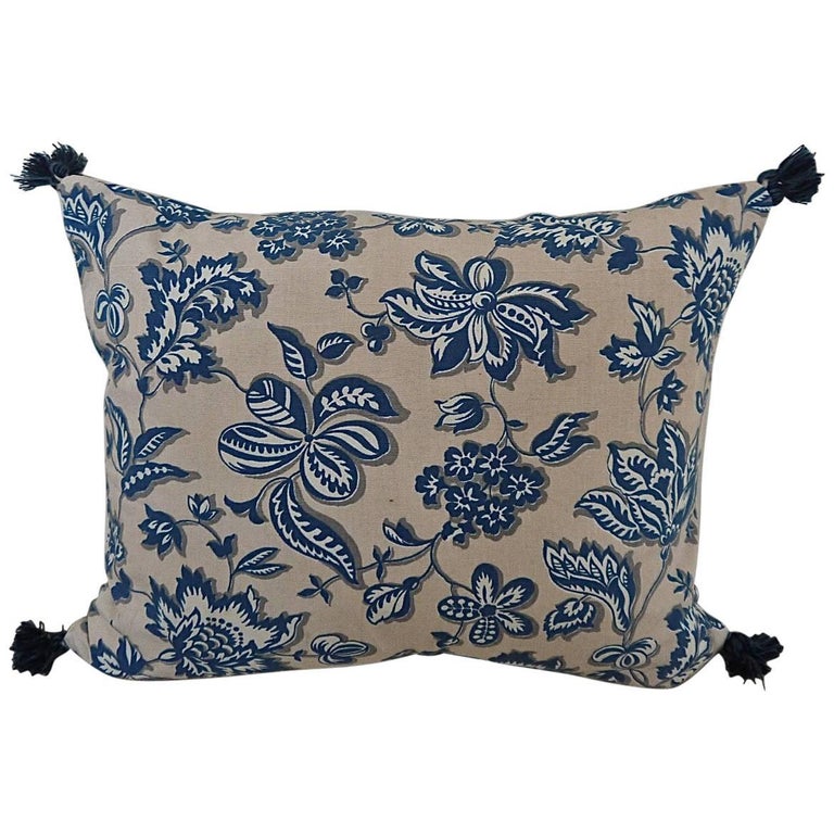 French Printed Cotton Blue and White Floral Pillow, circa 1930s For