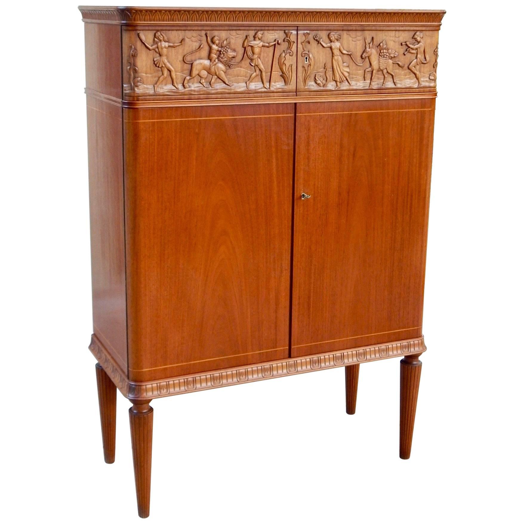 Swedish, 1940s Moderne Storage Cabinet with Figural Relief by Eugene Höglund For Sale