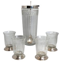 American Sterling Silver Cut Crystal Cocktail Pitcher, Four Glasses & Spoon