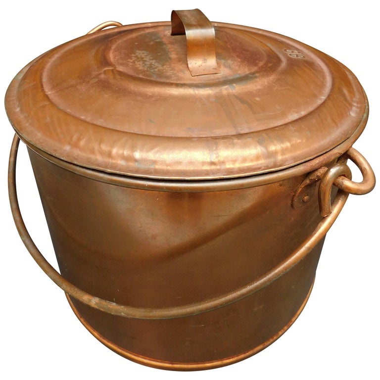 Large Belgian Copper Plated Lidded Metal Cauldron/Log Bucket/Petfood