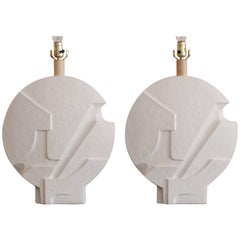 Architectural Brutalist Geometric Pair of Plaster Table Lamps