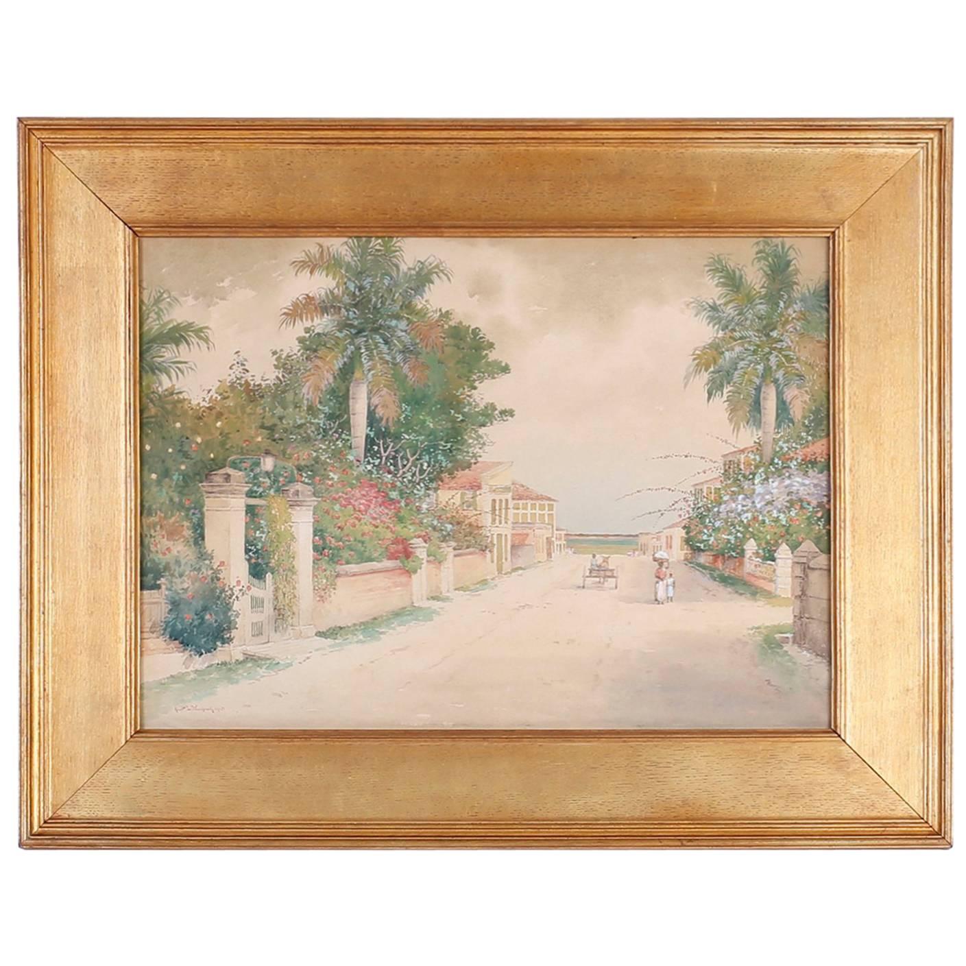 Watercolor of a Tropical Street Scene
