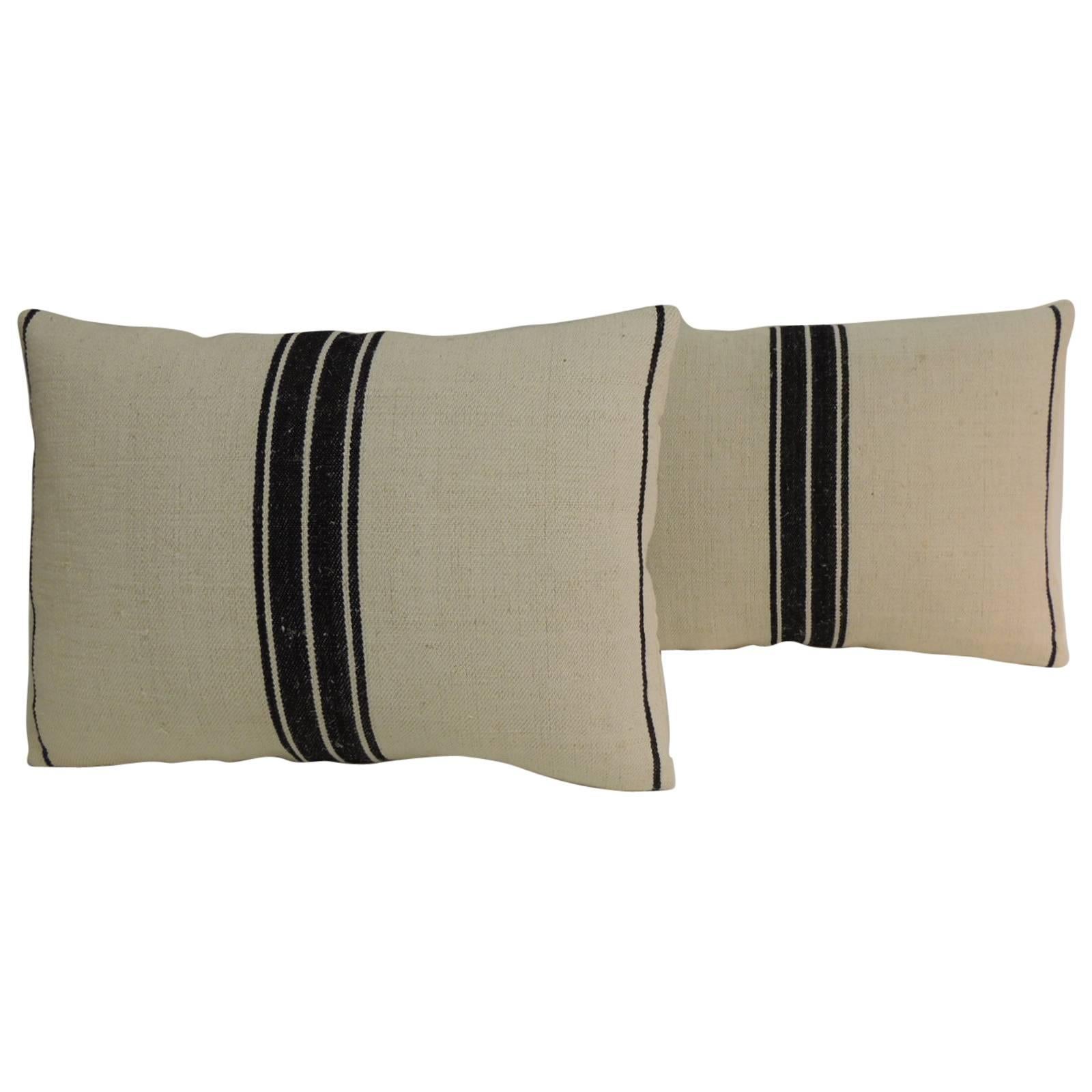 Pair of French Black & Natural Woven Grain Sack Stripes Decorative Pillows