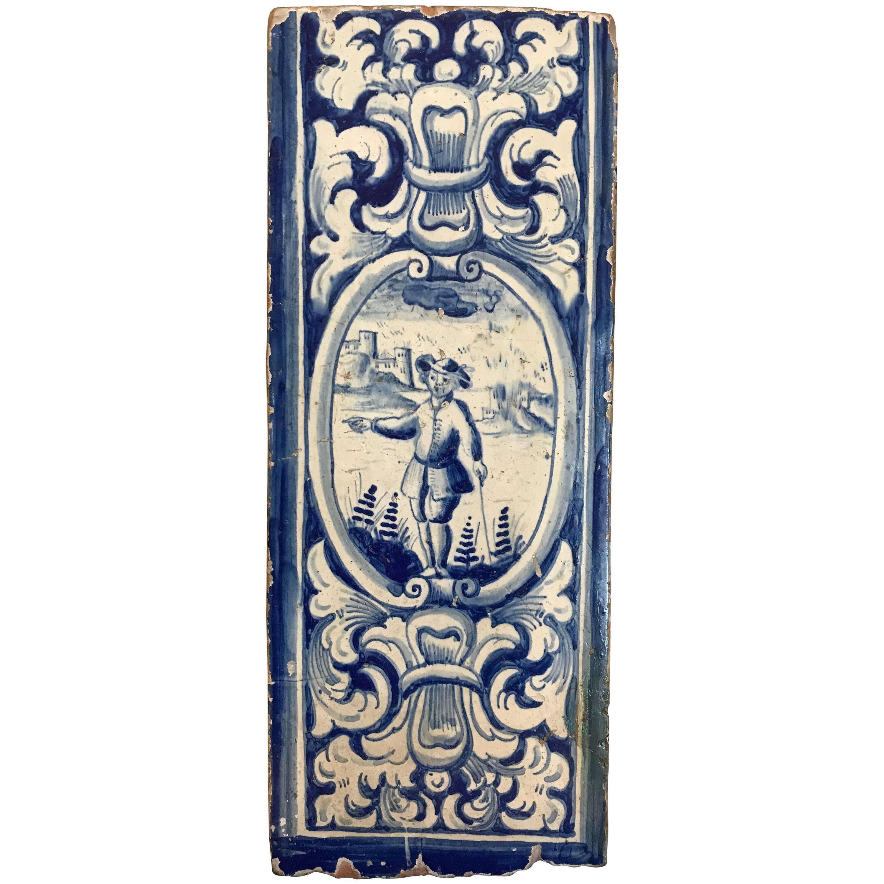 18th Century Dutch Delft Blue and White Glazed Ceramic Stove Tile