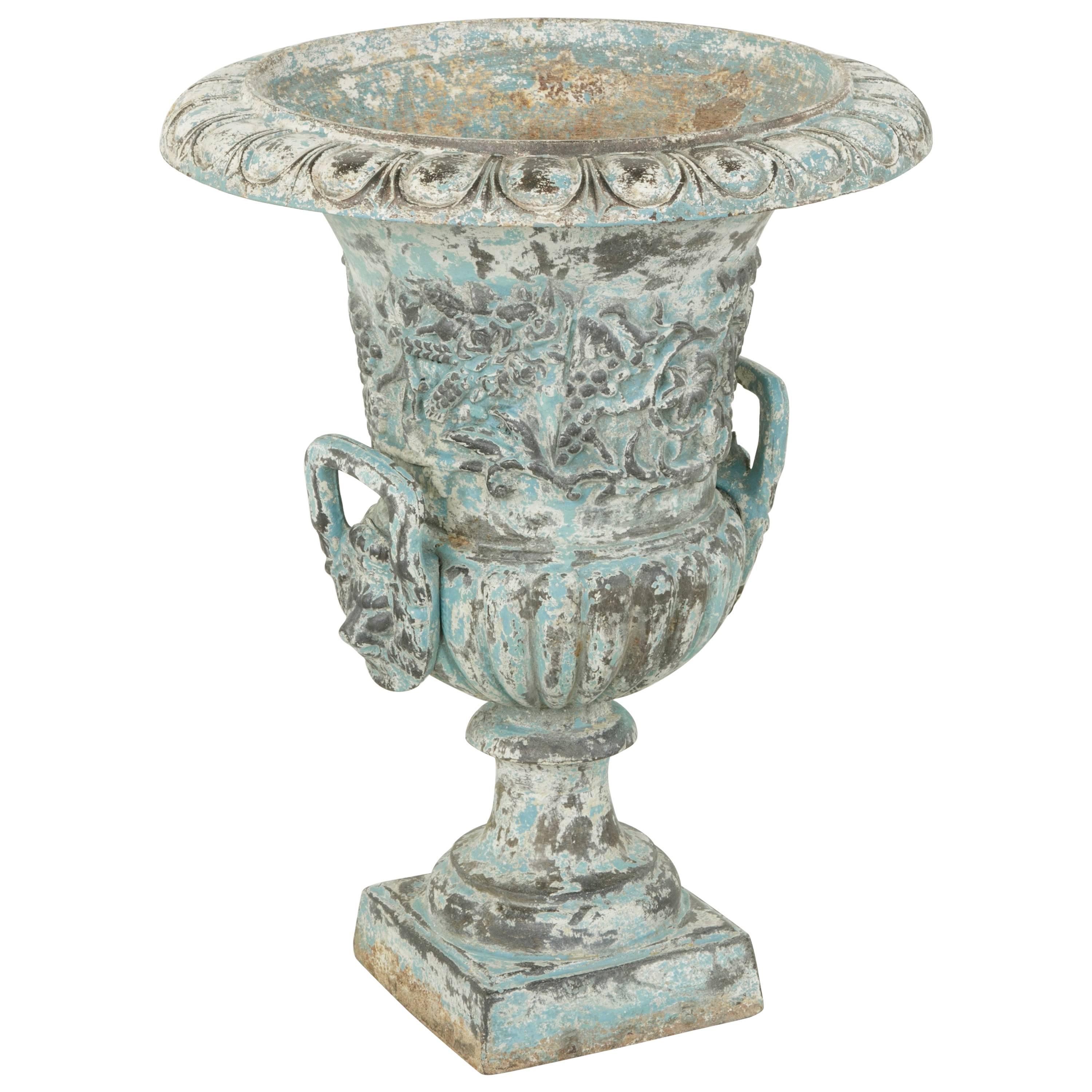 Large Late 18th Century French Cast Iron Urn or Planter Grapes Motif, Blue