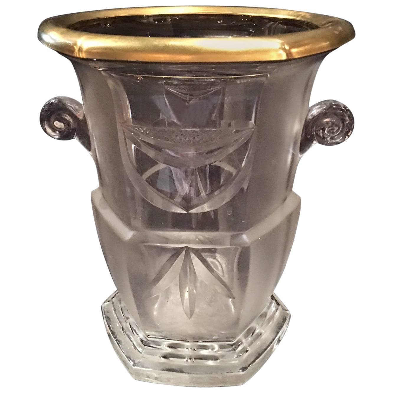 Französische Vase oder Eiskübel aus geschliffenem französischem geschliffenem Glas mit vergoldetem Rand, frühes 20. Jahrhundert