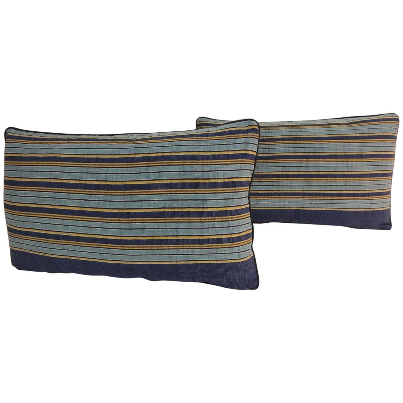 Pair of Vintage Japanese Blue and Gold Obi Stripes Decorative Lumbar Pillows