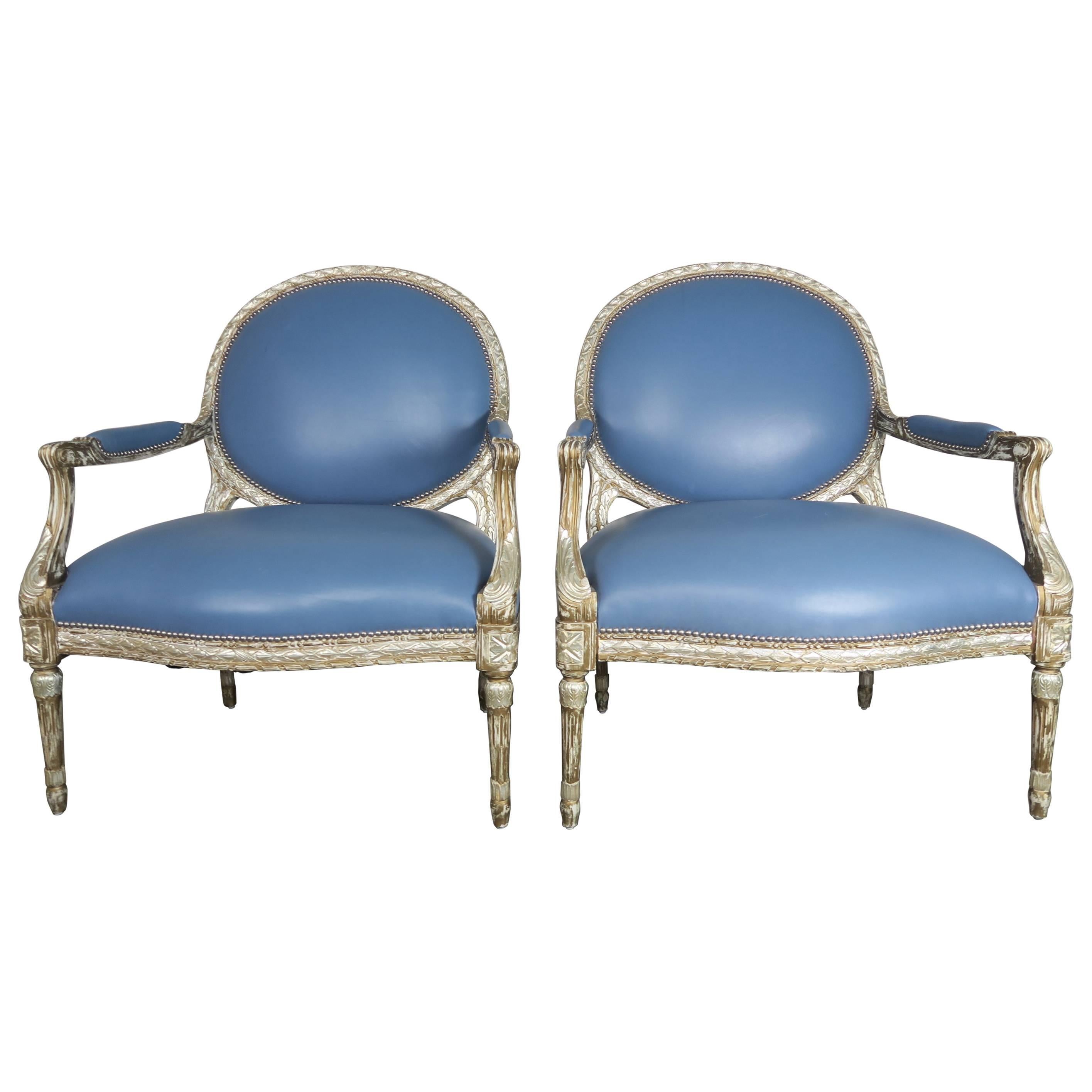 Silver Leaf Neoclassical Style Leather Armchairs, Pair