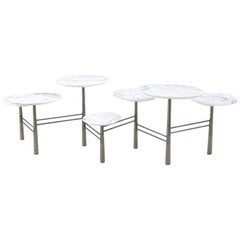 Nada Debs Modern Pebble Low Coffee Table, White Marble, Stainless Steel Legs